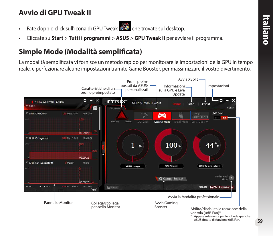 Italianoitaliano, Avvio di gpu tweak ii, Simple mode (modalità semplificata) | Asus GeForce GTX 1660 Ti TUF Gaming EVO OC Edition Graphics Card User Manual | Page 59 / 167