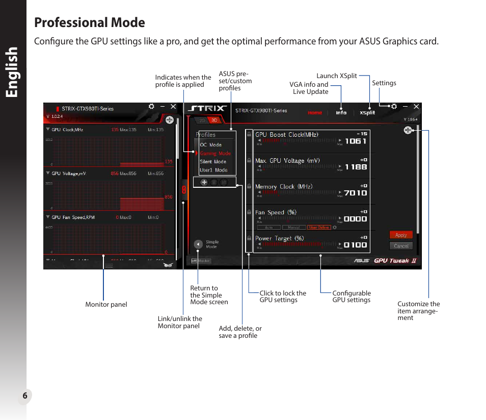 English, Professional mode | Asus GeForce GTX 1660 Ti TUF Gaming EVO OC Edition Graphics Card User Manual | Page 6 / 167