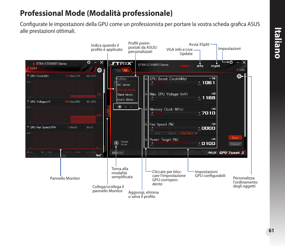 Italiano, Professional mode (modalità professionale) | Asus GeForce GTX 1660 Ti TUF Gaming EVO OC Edition Graphics Card User Manual | Page 61 / 167