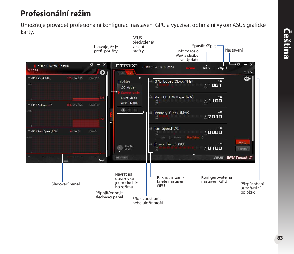 Čeština, Profesionální režim | Asus GeForce GTX 1660 Ti TUF Gaming EVO OC Edition Graphics Card User Manual | Page 83 / 167