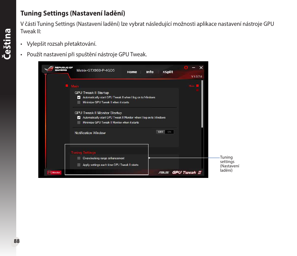 Čeština, Tuning settings (nastavení ladění) | Asus GeForce GTX 1660 Ti TUF Gaming EVO OC Edition Graphics Card User Manual | Page 88 / 167