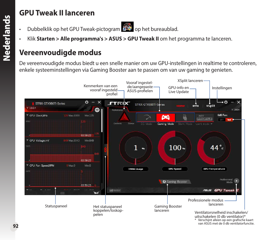 Neder lands n eder lands, Gpu tweak ii lanceren, Vereenvoudigde modus | Asus GeForce GTX 1660 Ti TUF Gaming EVO OC Edition Graphics Card User Manual | Page 92 / 167