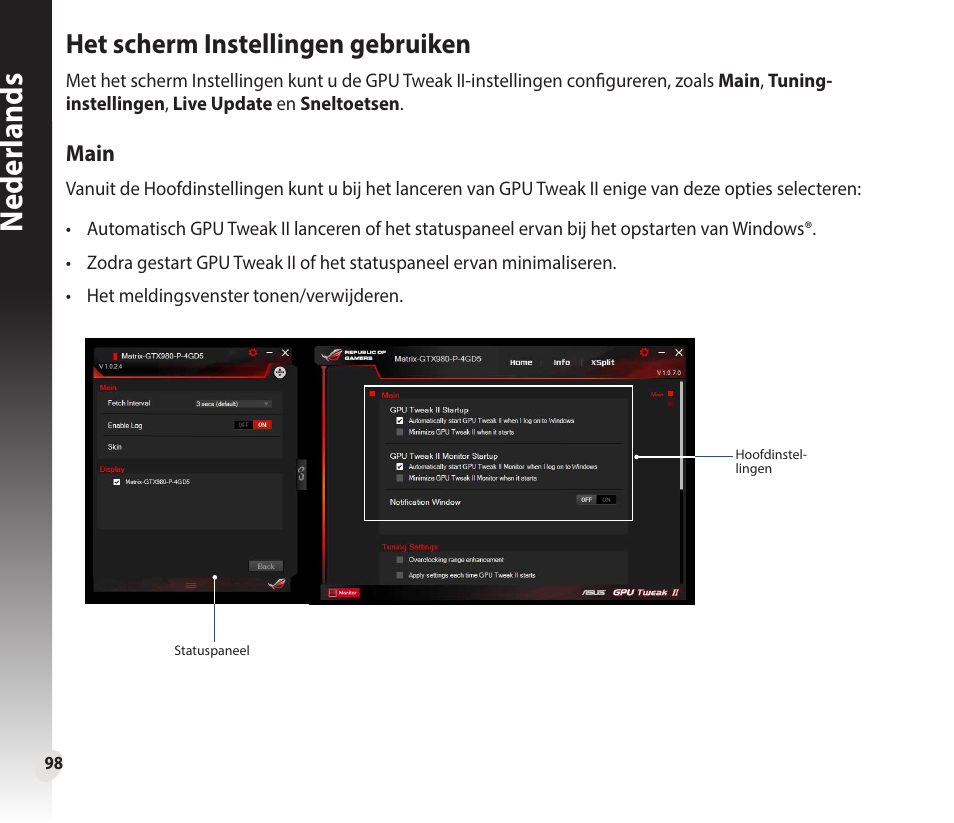 Neder lands n eder lands, Het scherm instellingen gebruiken | Asus GeForce GTX 1660 Ti TUF Gaming EVO OC Edition Graphics Card User Manual | Page 98 / 167