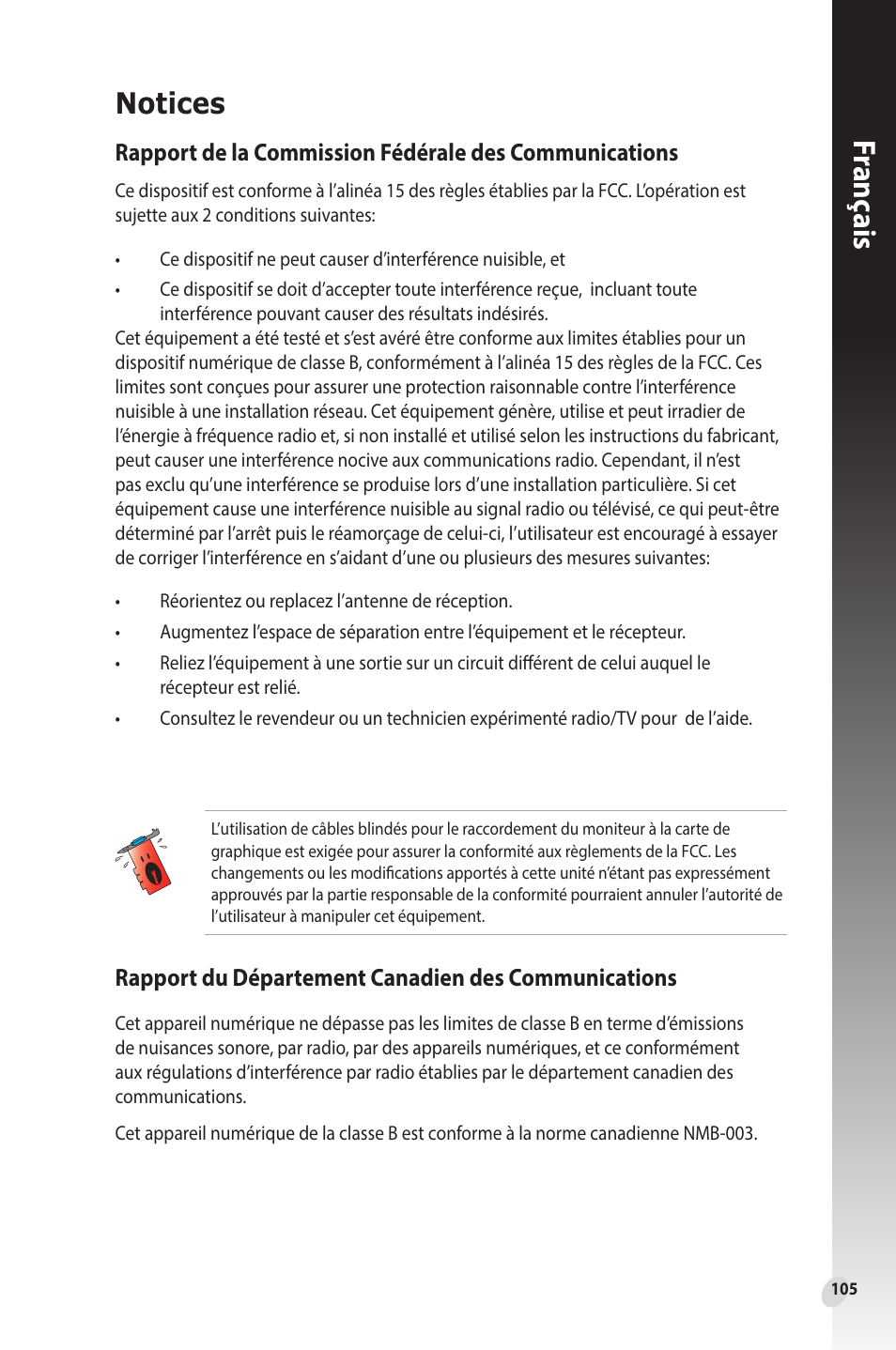 Notices, Notices 4, Franç ais | Rapport du département canadien des communications | Asus Phoenix GeForce GT 1030 OC Edition Graphics Card User Manual | Page 105 / 322