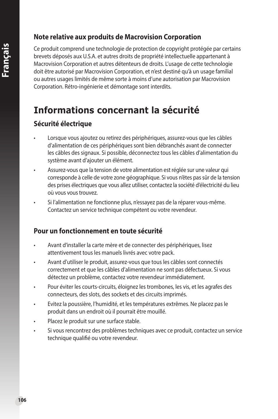 Informations concernant la sécurité, Fr anç ais, Sécurité électrique | Pour un fonctionnement en toute sécurité | Asus Phoenix GeForce GT 1030 OC Edition Graphics Card User Manual | Page 106 / 322