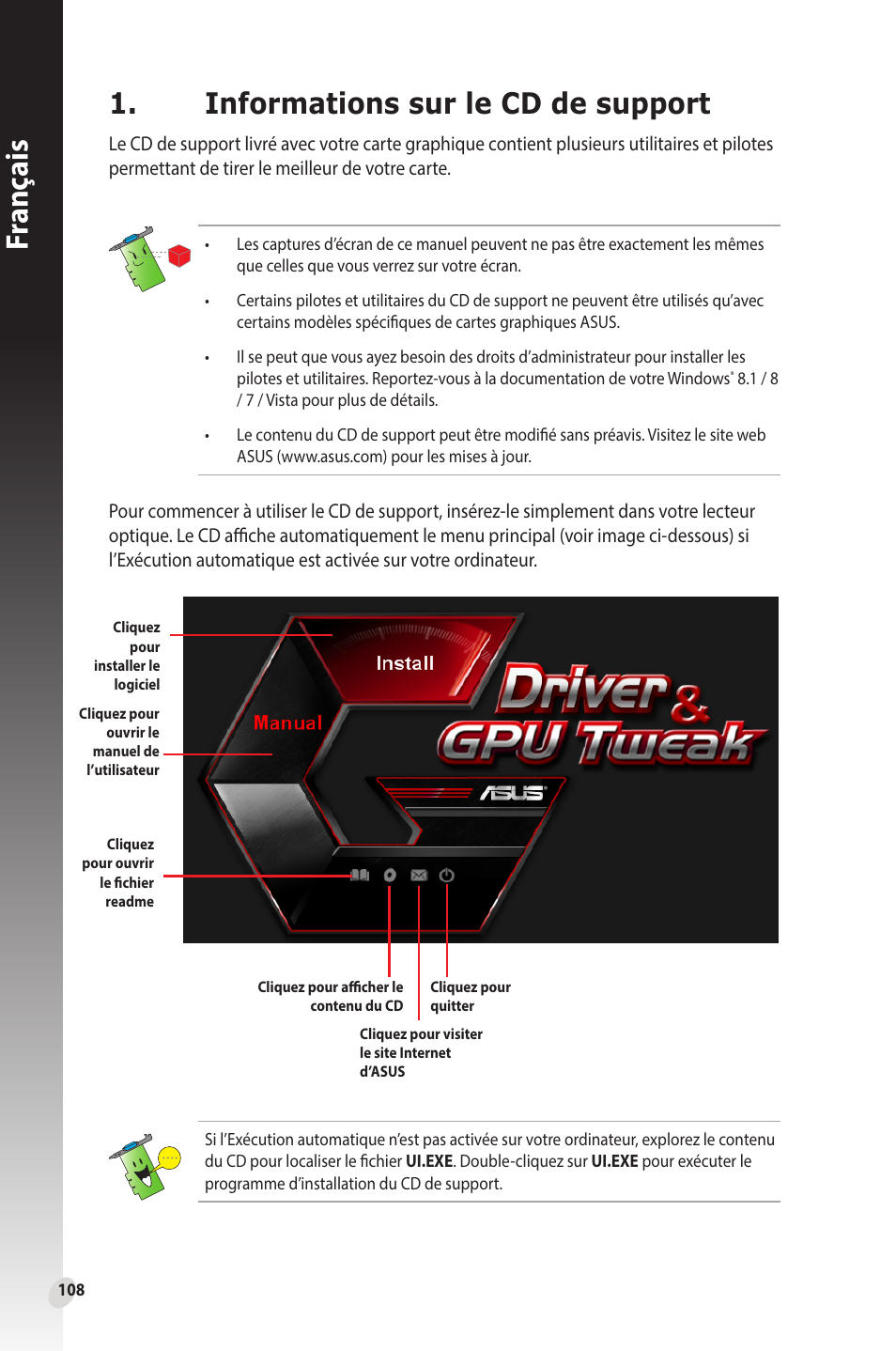 Informations sur le cd de support, Fr anç ais | Asus Phoenix GeForce GT 1030 OC Edition Graphics Card User Manual | Page 108 / 322