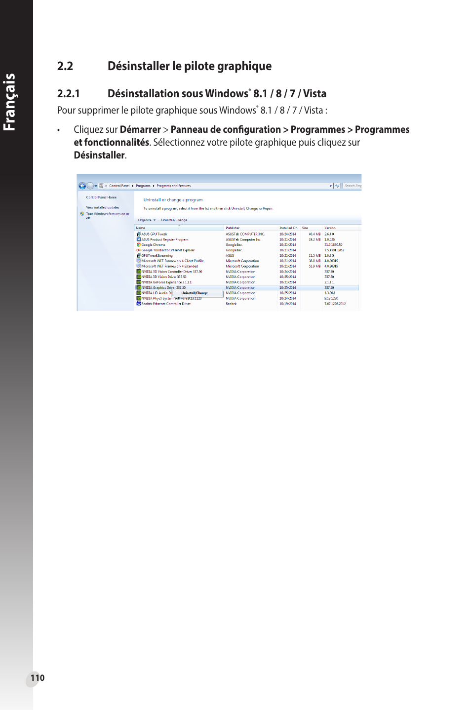 2 désinstaller le pilote graphique, Désinstaller le pilote graphique, Fr anç ais | Asus Phoenix GeForce GT 1030 OC Edition Graphics Card User Manual | Page 110 / 322