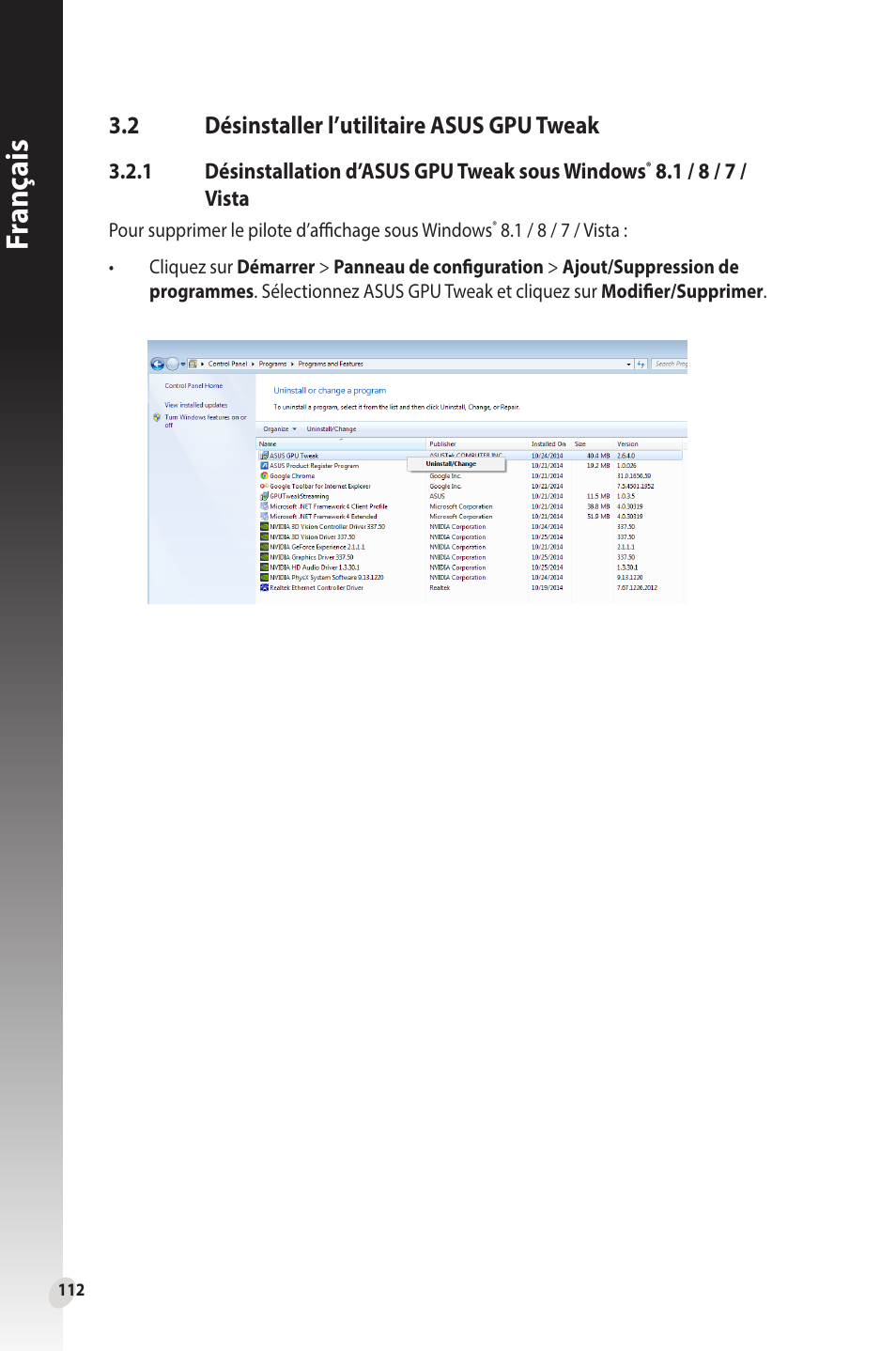 2 désinstaller l’utilitaire asus gpu tweak, Désinstaller l’utilitaire asus gpu tweak, Fr anç ais | Asus Phoenix GeForce GT 1030 OC Edition Graphics Card User Manual | Page 112 / 322