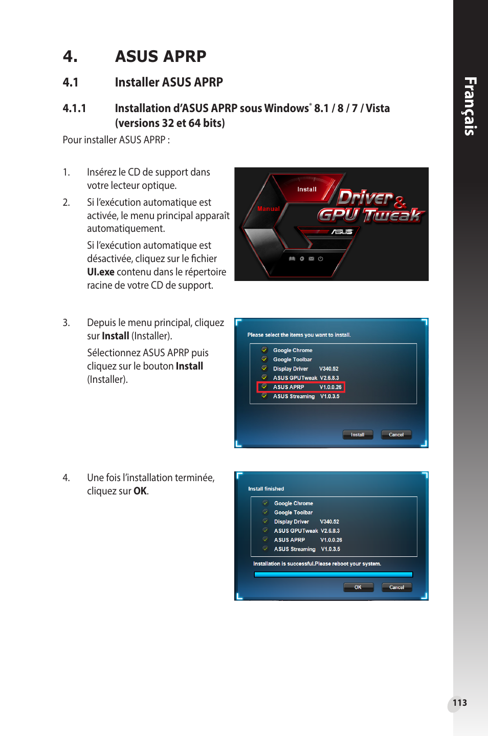 Asus aprp, 1 installer asus aprp, Installer asus aprp | Franç ais | Asus Phoenix GeForce GT 1030 OC Edition Graphics Card User Manual | Page 113 / 322