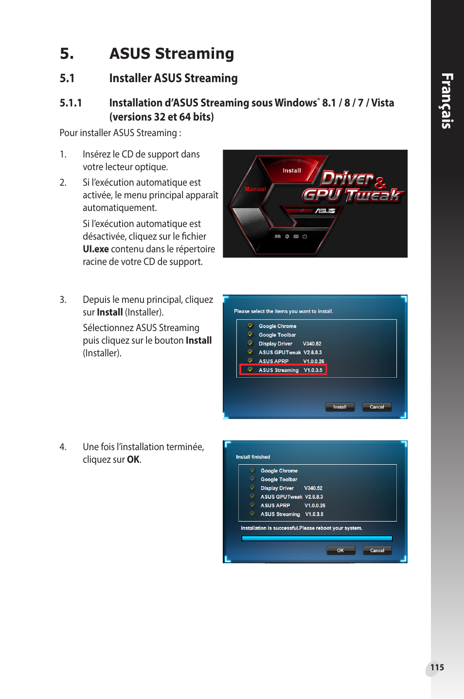 Asus streaming, 1 installer asus streaming, Installer asus streaming | Franç ais | Asus Phoenix GeForce GT 1030 OC Edition Graphics Card User Manual | Page 115 / 322