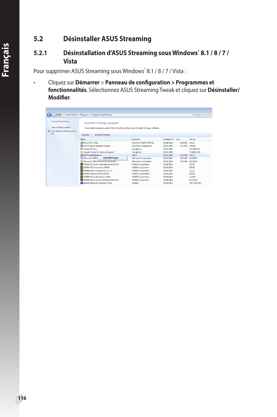 2 désinstaller asus streaming, Désinstaller asus streaming, Fr anç ais | Asus Phoenix GeForce GT 1030 OC Edition Graphics Card User Manual | Page 116 / 322