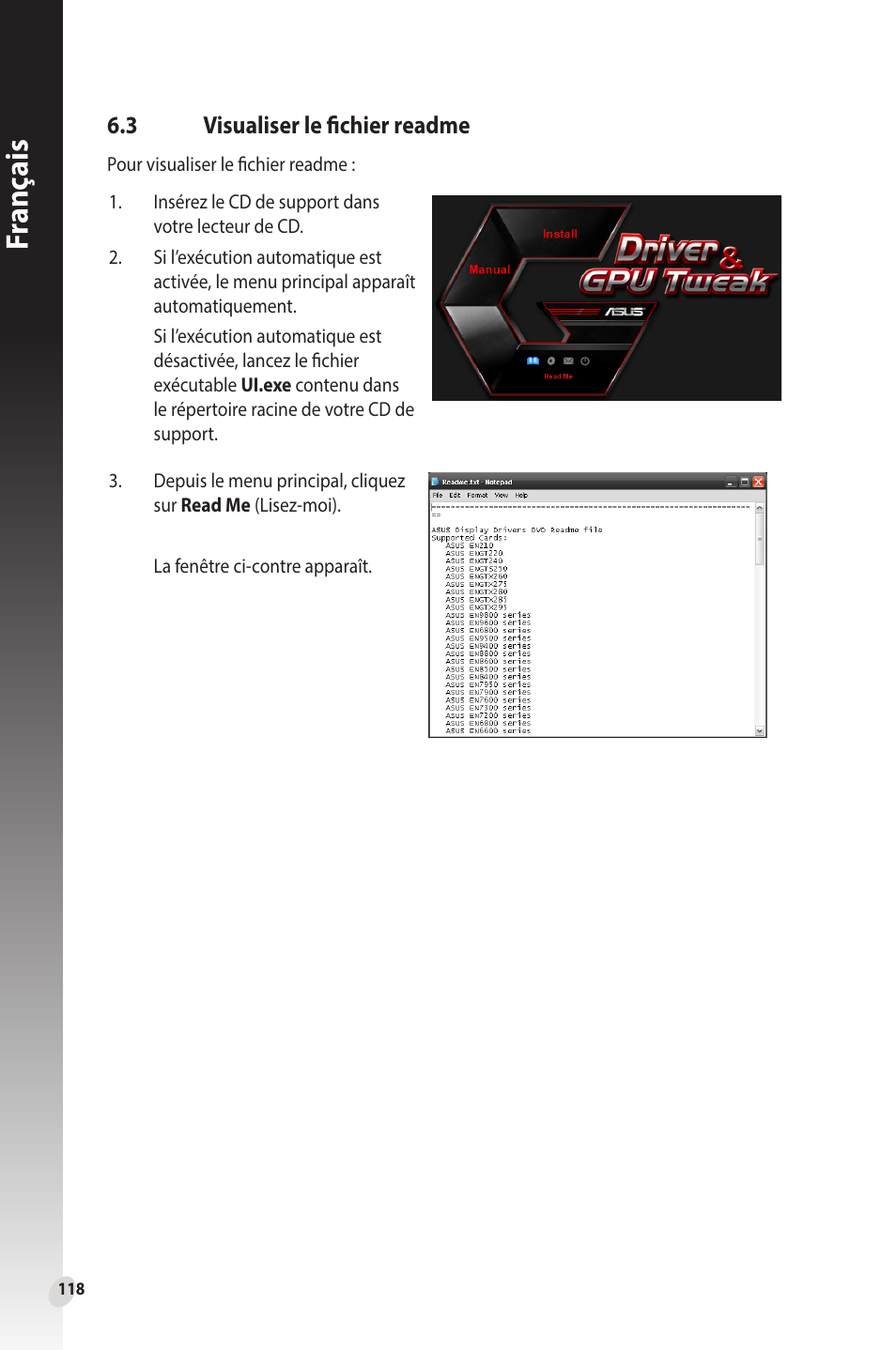 3 visualiser le fichier readme, Visualiser le fichier readme, Fr anç ais | Asus Phoenix GeForce GT 1030 OC Edition Graphics Card User Manual | Page 118 / 322