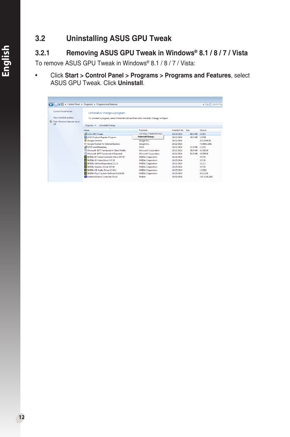 2 uninstalling asus gpu tweak, Uninstalling asus gpu tweak, English | Asus Phoenix GeForce GT 1030 OC Edition Graphics Card User Manual | Page 12 / 322