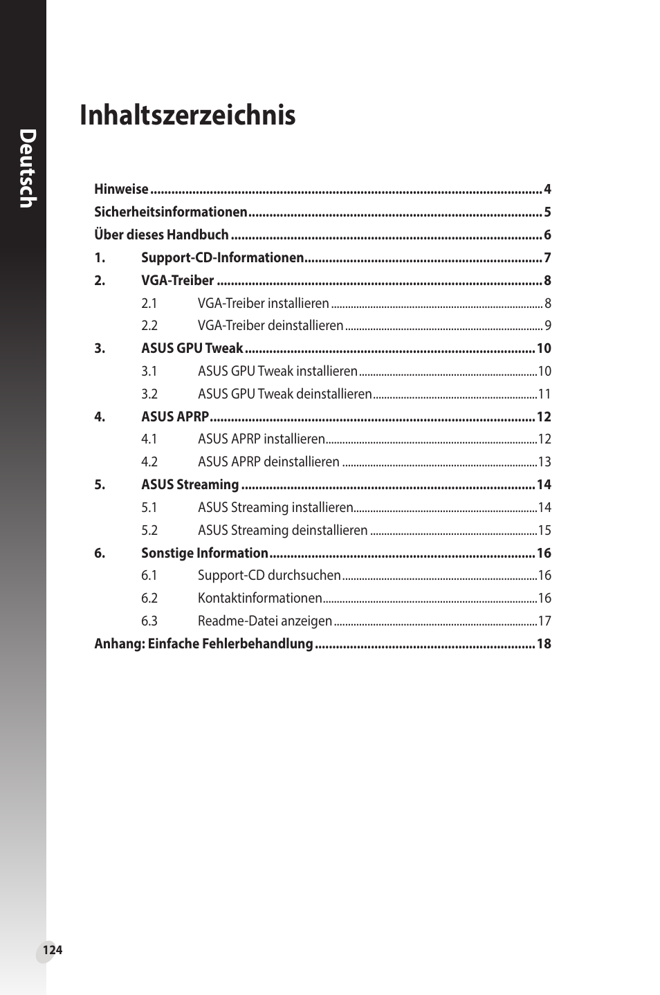 Inhaltszerzeichnis, Deutsch | Asus Phoenix GeForce GT 1030 OC Edition Graphics Card User Manual | Page 124 / 322