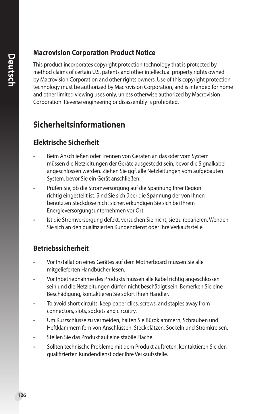 Sicherheitsinformationen, Deutsch, Elektrische sicherheit | Betriebssicherheit, Macrovision corporation product notice | Asus Phoenix GeForce GT 1030 OC Edition Graphics Card User Manual | Page 126 / 322