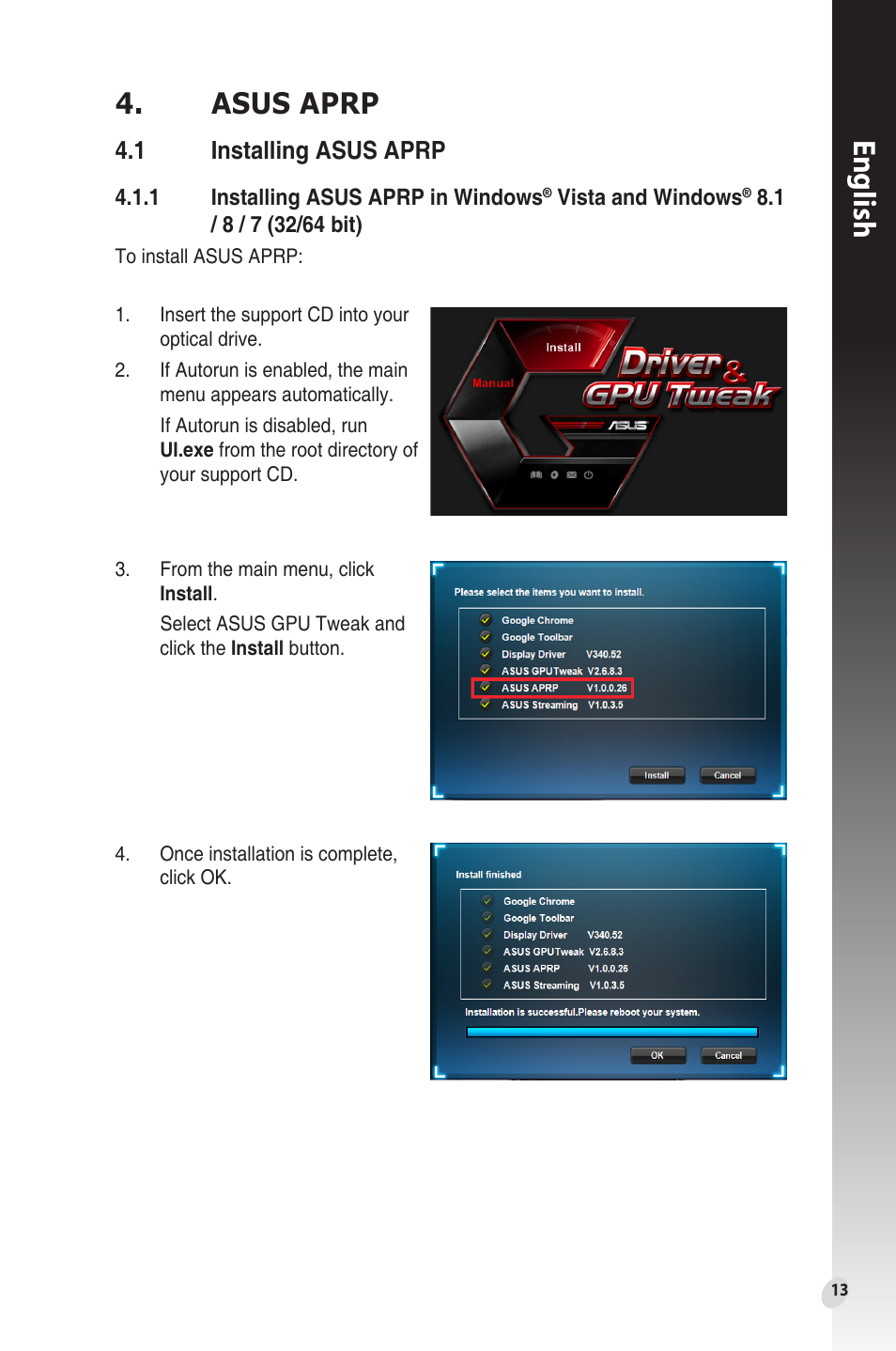 Asus aprp, 1 installing asus aprp, Installing asus aprp | English | Asus Phoenix GeForce GT 1030 OC Edition Graphics Card User Manual | Page 13 / 322