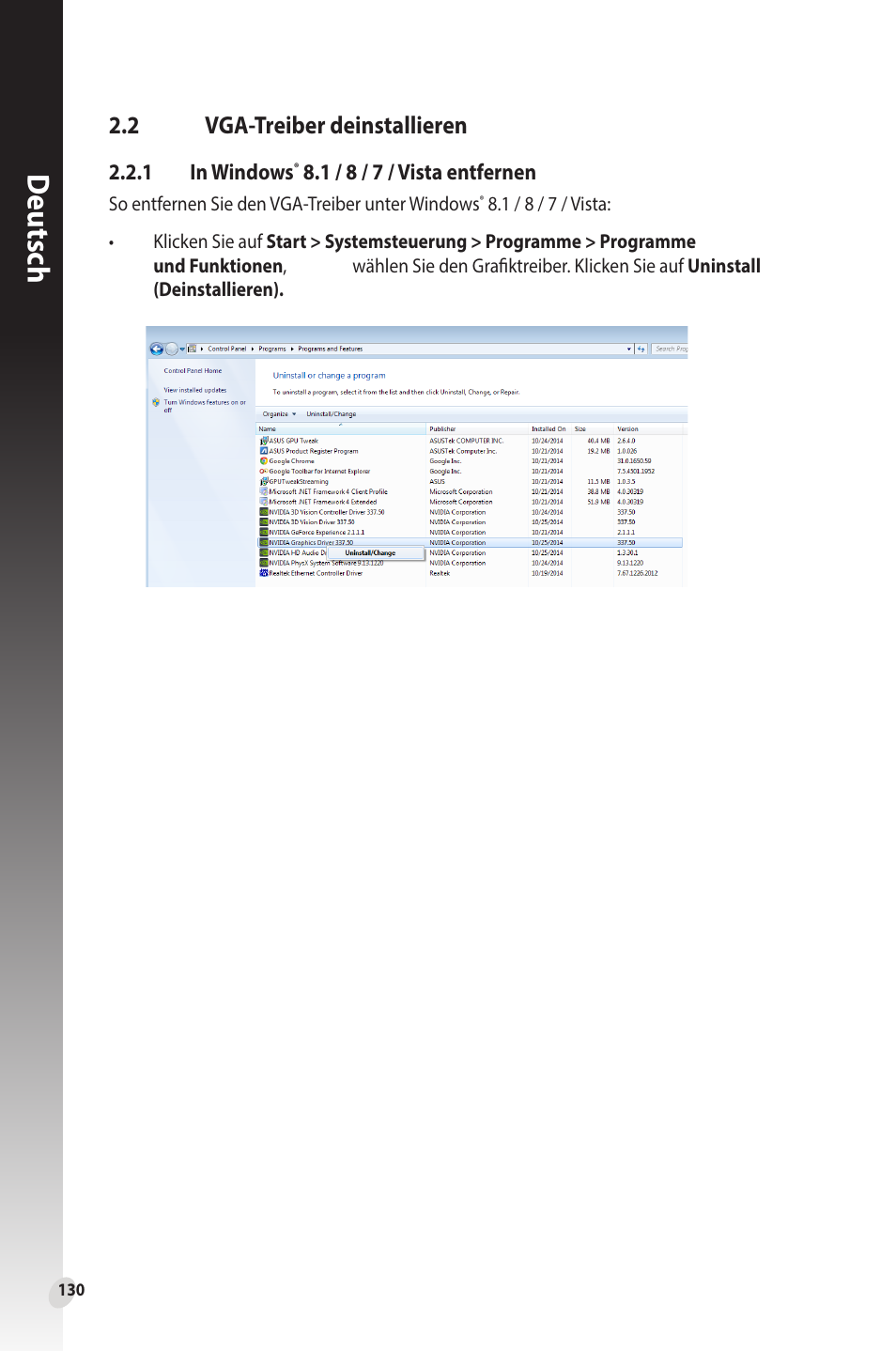 2 vga-treiber deinstallieren, Vga-treiber deinstallieren, Deutsch | Asus Phoenix GeForce GT 1030 OC Edition Graphics Card User Manual | Page 130 / 322
