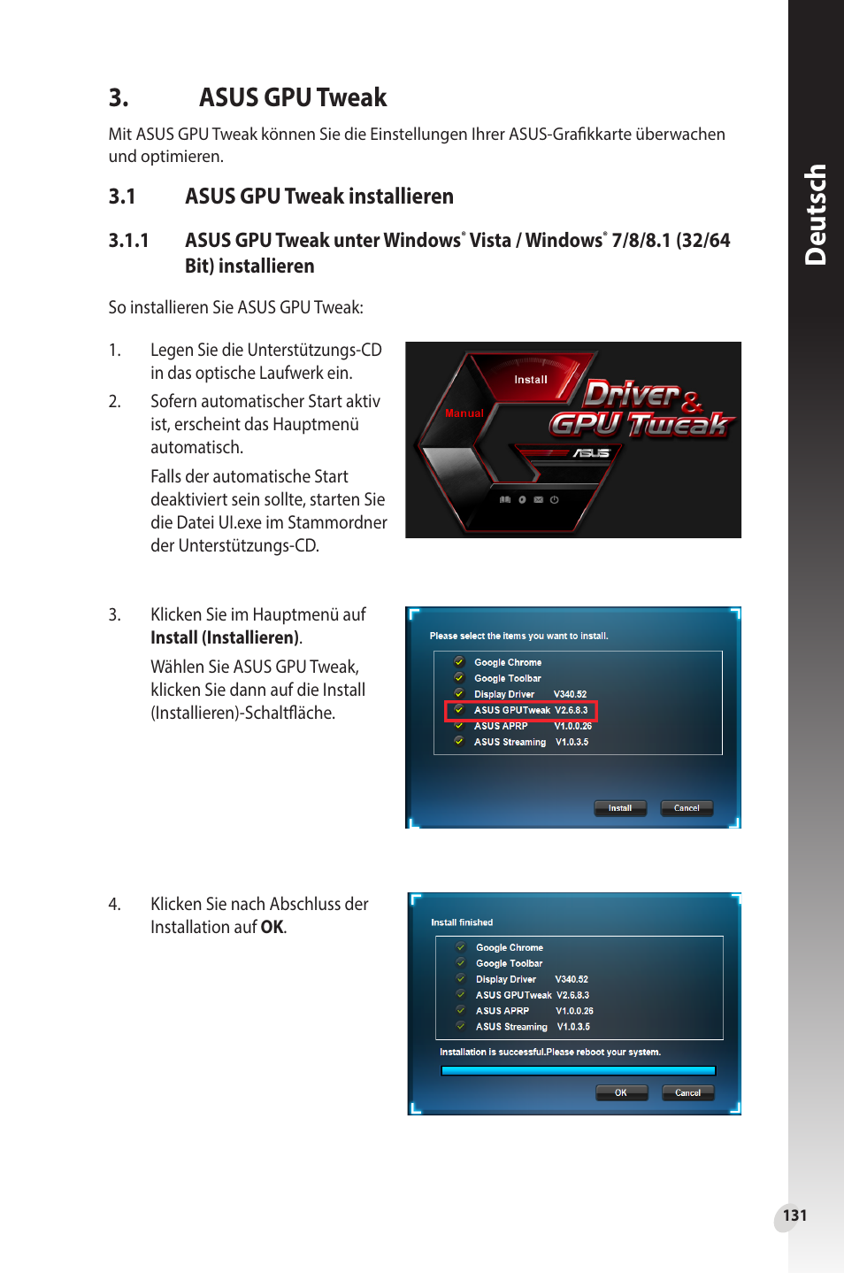 Asus gpu tweak, 1 asus gpu tweak installieren, Asus gpu tweak installieren | Deutsch | Asus Phoenix GeForce GT 1030 OC Edition Graphics Card User Manual | Page 131 / 322