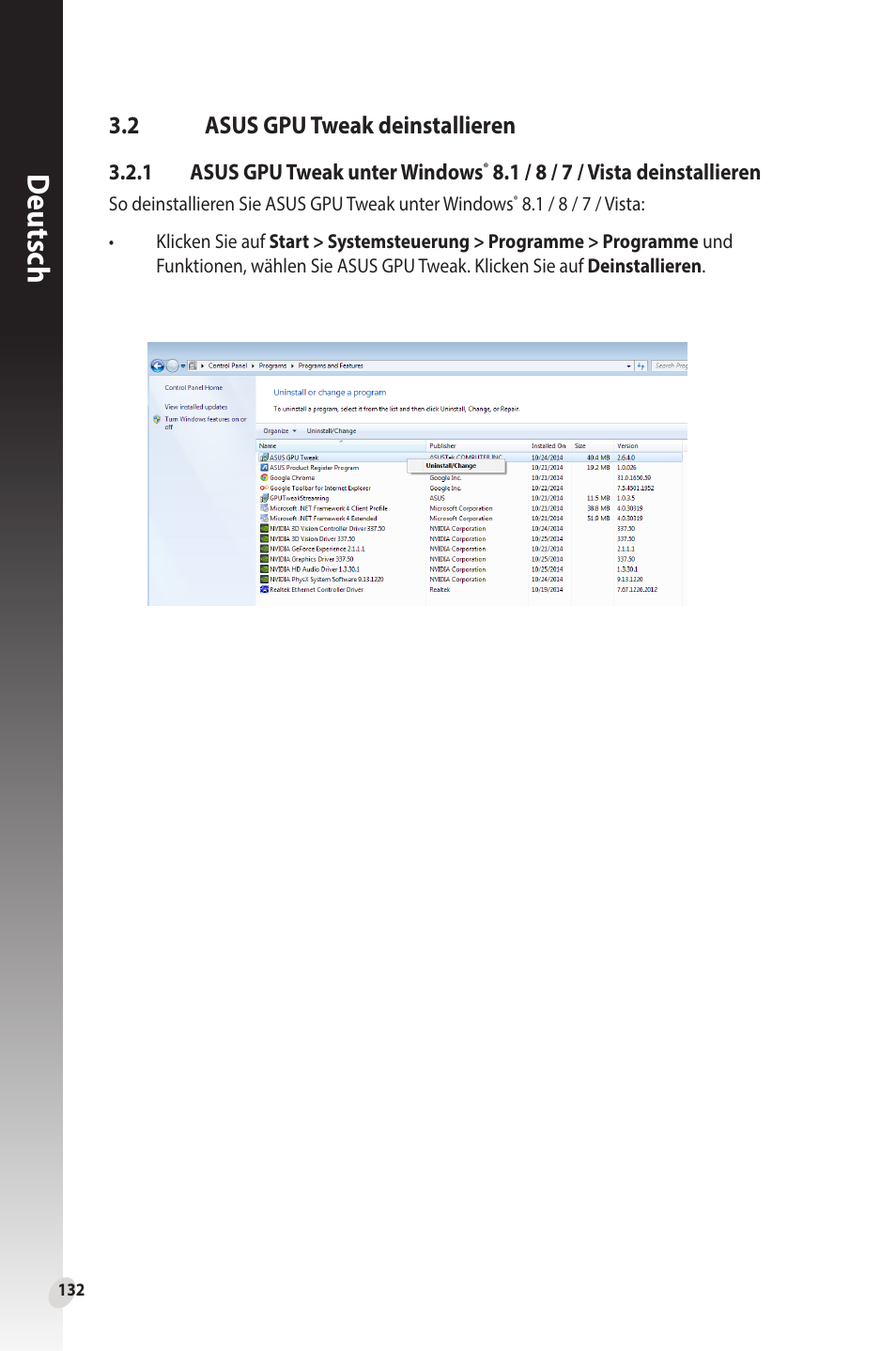 2 asus gpu tweak deinstallieren, Asus gpu tweak deinstallieren, Deutsch | Asus Phoenix GeForce GT 1030 OC Edition Graphics Card User Manual | Page 132 / 322