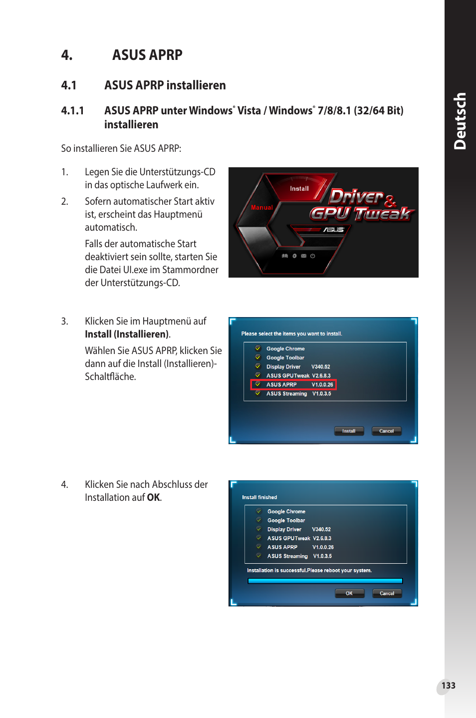 Asus aprp, 1 asus aprp installieren, Asus | Aprp, 1 asus, Aprp installieren, Deutsch | Asus Phoenix GeForce GT 1030 OC Edition Graphics Card User Manual | Page 133 / 322