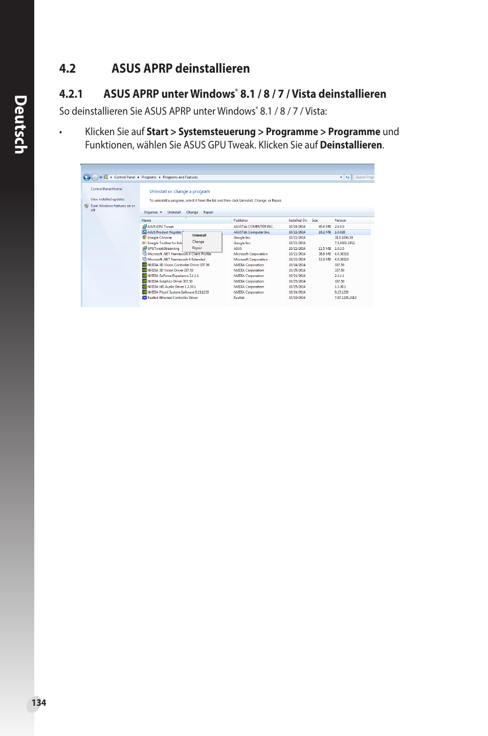 2 asus aprp deinstallieren, Asus aprp deinstallieren, Deutsch | Asus Phoenix GeForce GT 1030 OC Edition Graphics Card User Manual | Page 134 / 322