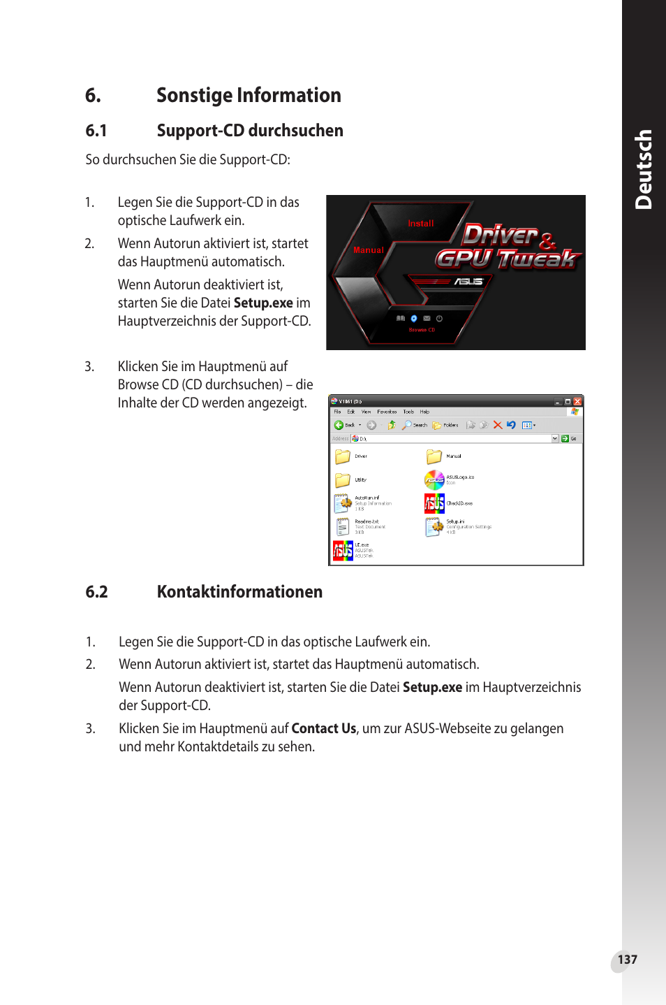 Sonstige information, 1 support-cd durchsuchen, 2 kontaktinformationen | Support-cd durchsuchen, Deutsch | Asus Phoenix GeForce GT 1030 OC Edition Graphics Card User Manual | Page 137 / 322