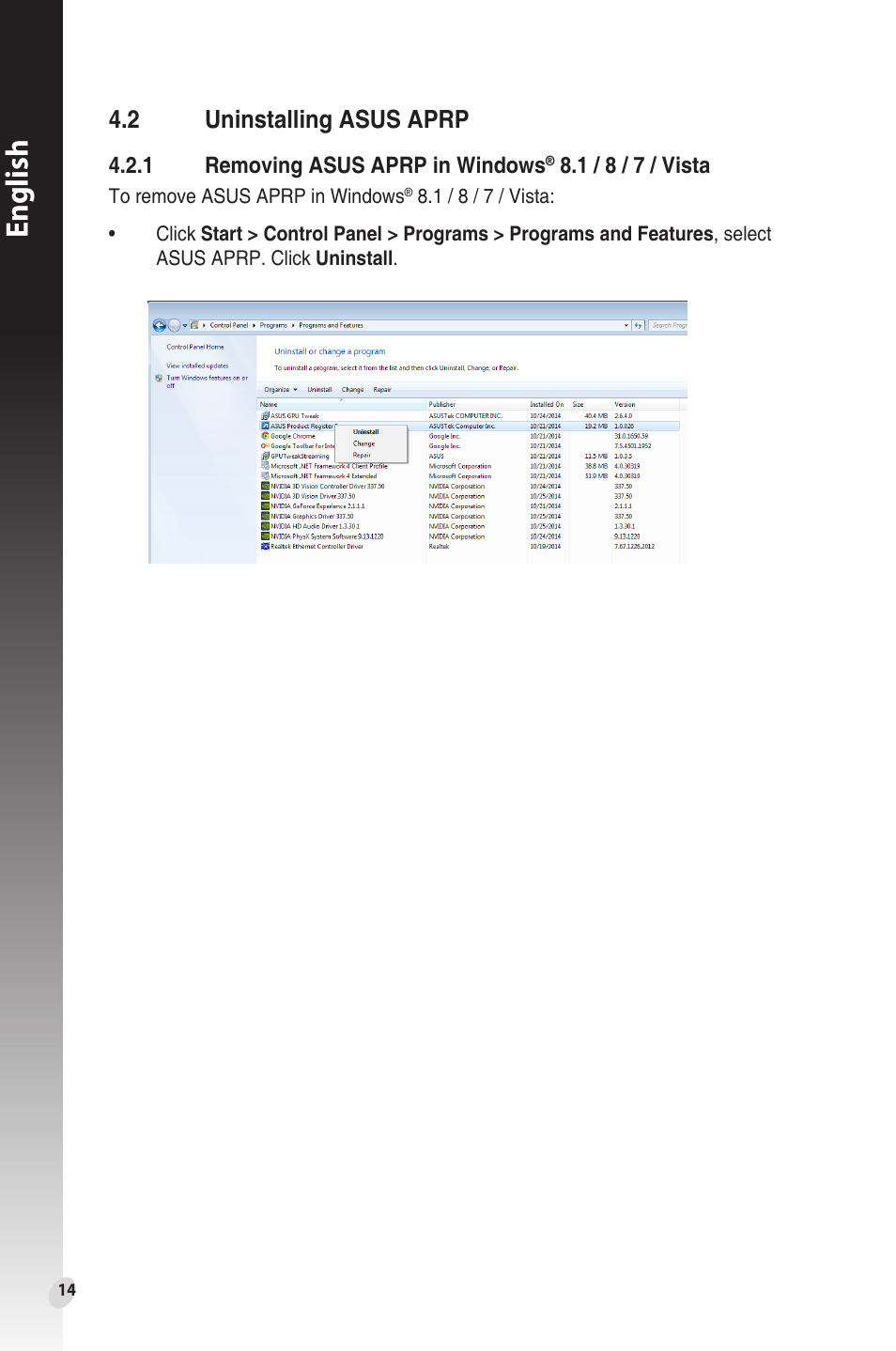 2 uninstalling asus aprp, Uninstalling asus aprp, English | Asus Phoenix GeForce GT 1030 OC Edition Graphics Card User Manual | Page 14 / 322