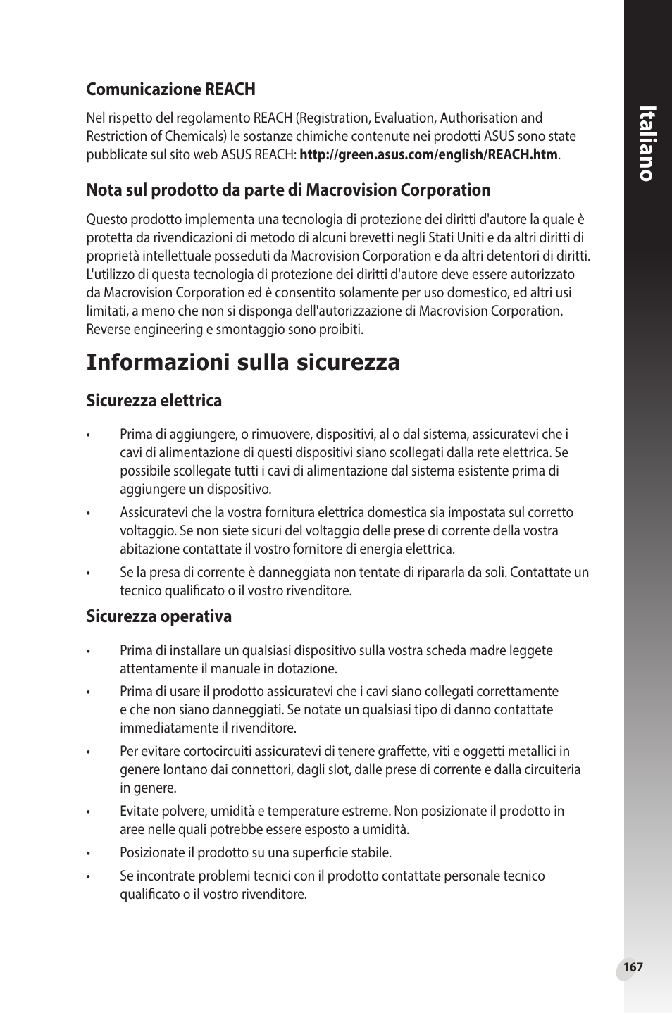 Informazioni sulla sicurezza, Italiano, Comunicazione reach | Sicurezza elettrica, Sicurezza operativa | Asus Phoenix GeForce GT 1030 OC Edition Graphics Card User Manual | Page 167 / 322