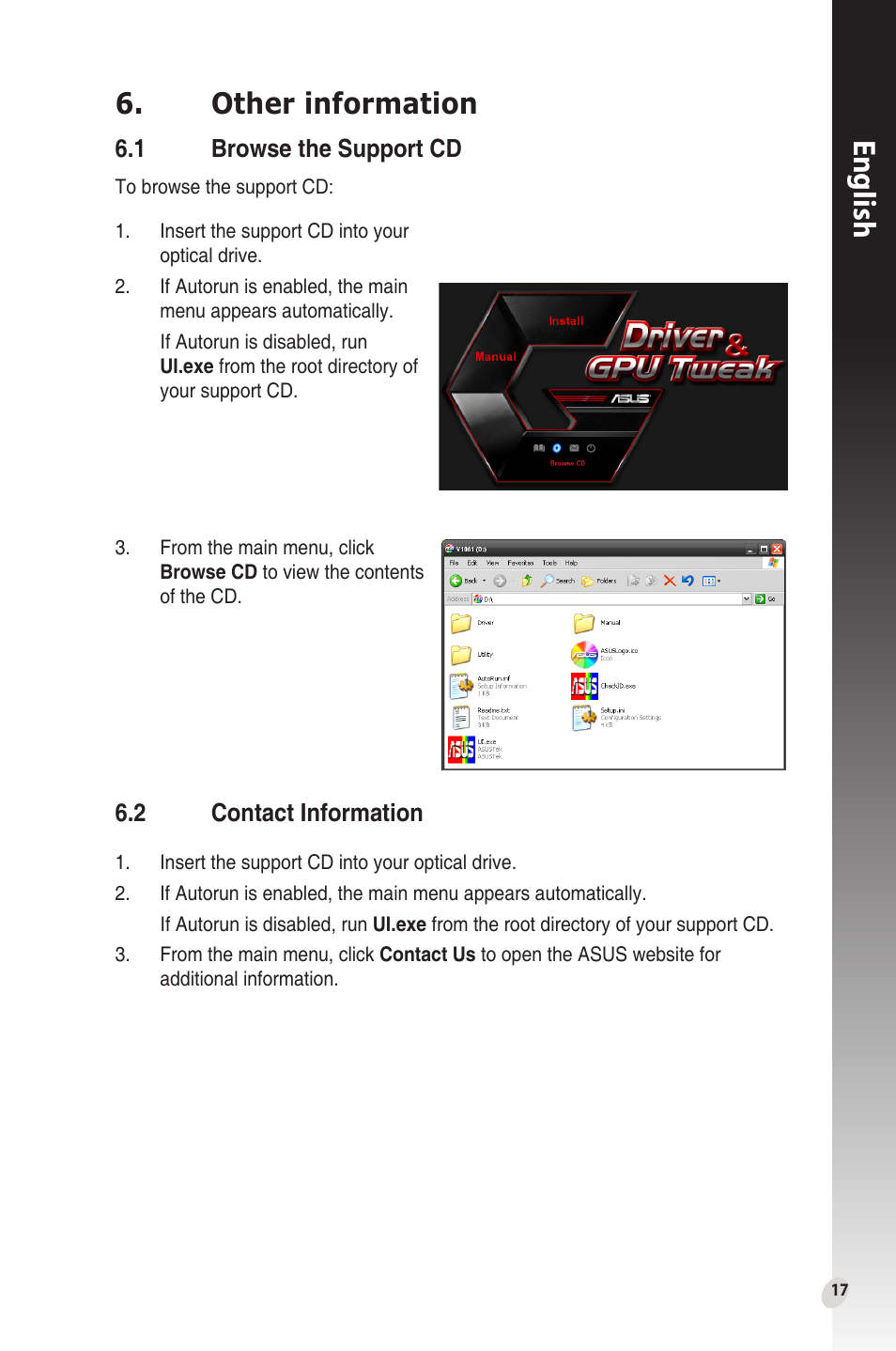 Other information, 1 browse the support cd, 2 contact information | Browse the support cd, Contact information, English | Asus Phoenix GeForce GT 1030 OC Edition Graphics Card User Manual | Page 17 / 322