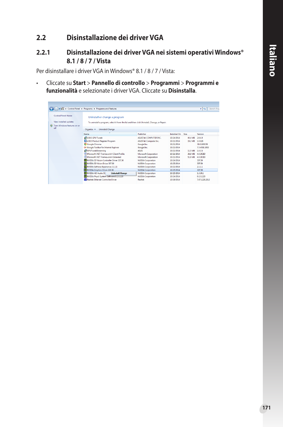 2 disinstallazione dei driver vga, Disinstallazione dei driver vga, Italiano | Asus Phoenix GeForce GT 1030 OC Edition Graphics Card User Manual | Page 171 / 322