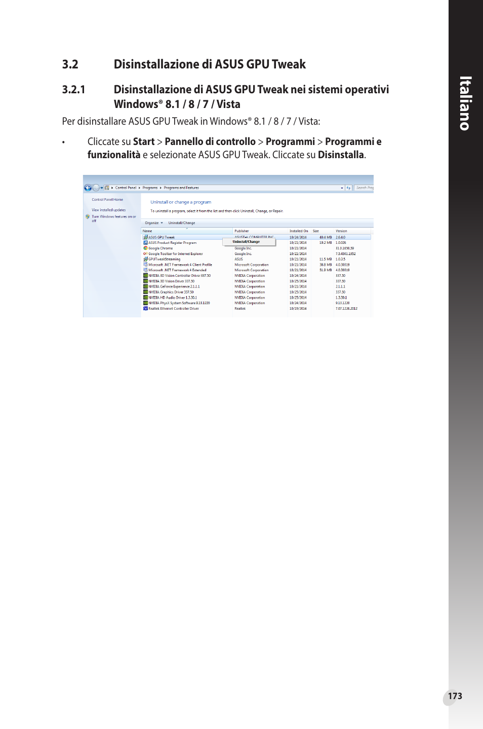 2 disinstallazione di asus gpu tweak, Disinstallazione di asus gpu tweak, Italiano | Asus Phoenix GeForce GT 1030 OC Edition Graphics Card User Manual | Page 173 / 322