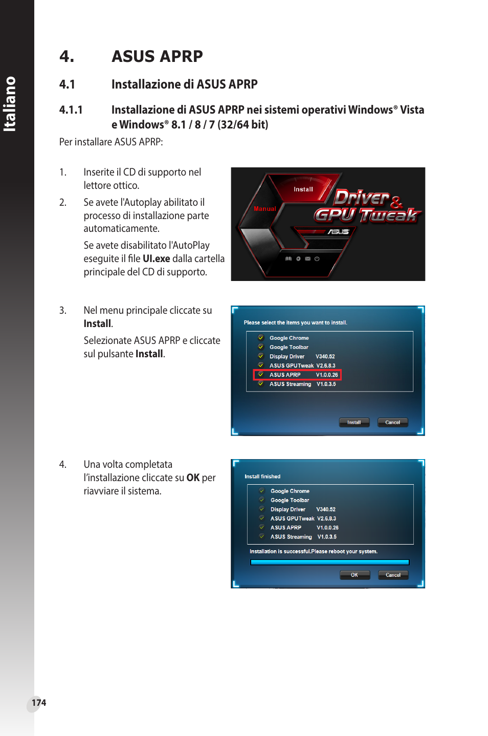 Asus aprp, 1 installazione di asus aprp, Installazione di asus aprp | Italiano | Asus Phoenix GeForce GT 1030 OC Edition Graphics Card User Manual | Page 174 / 322