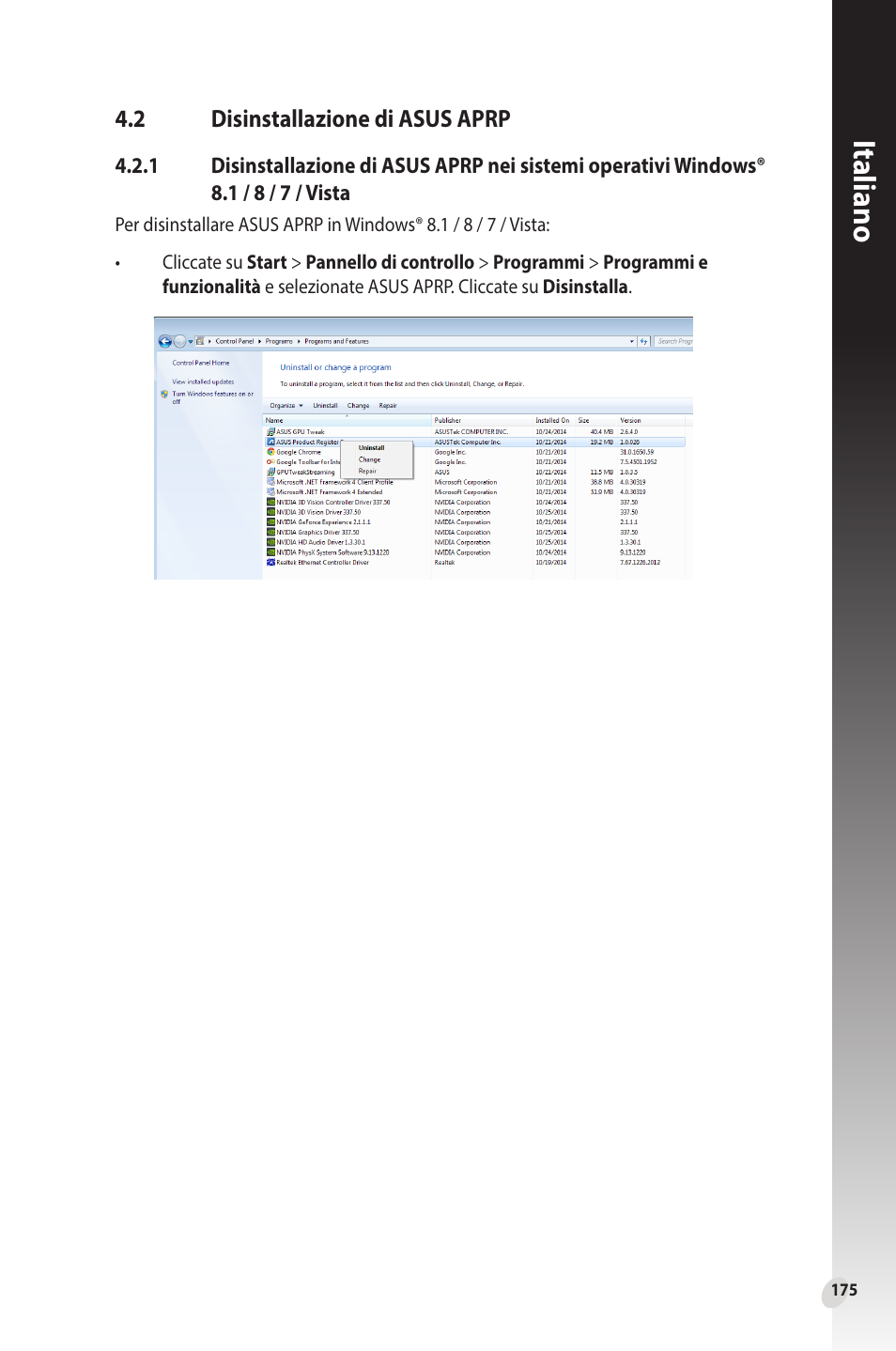 2 disinstallazione di asus aprp, Disinstallazione di asus aprp, Italiano | Asus Phoenix GeForce GT 1030 OC Edition Graphics Card User Manual | Page 175 / 322