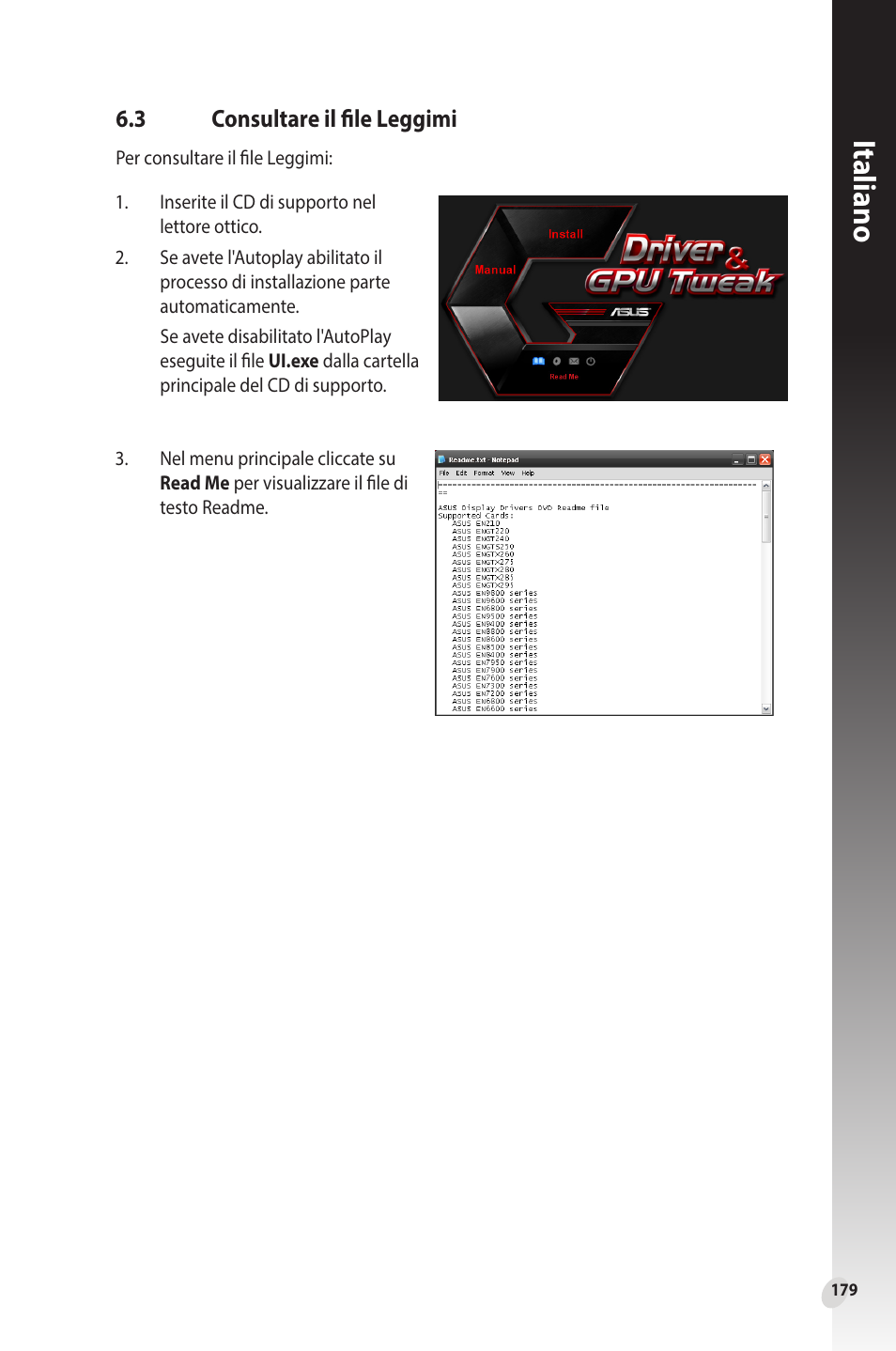 3 consultare il file leggimi, Consultare il file leggimi, Italiano | Asus Phoenix GeForce GT 1030 OC Edition Graphics Card User Manual | Page 179 / 322