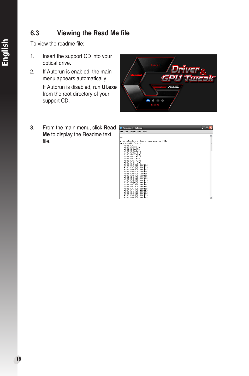 3 viewing the read me file, Viewing the read me file, English | Asus Phoenix GeForce GT 1030 OC Edition Graphics Card User Manual | Page 18 / 322