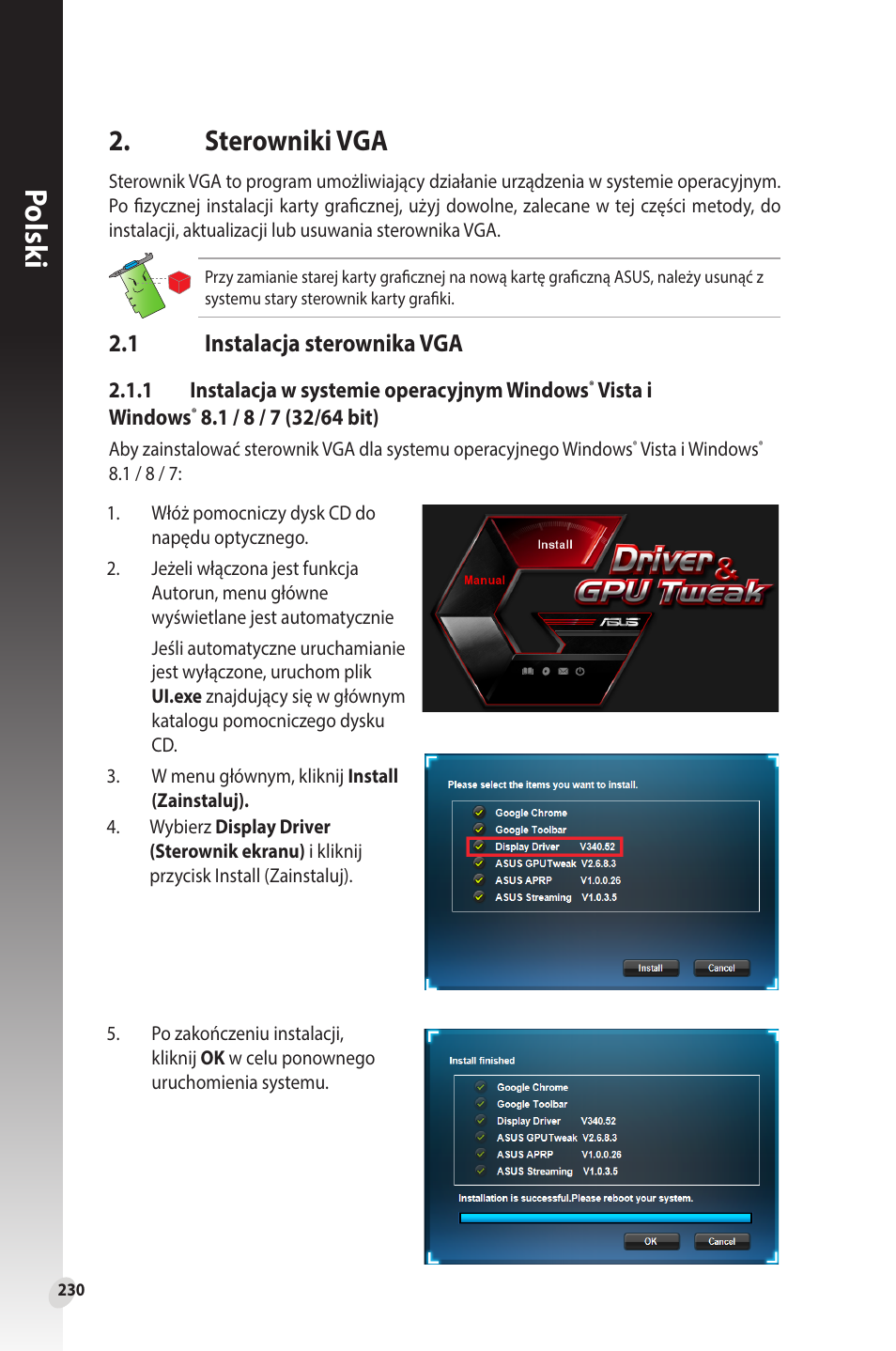 Sterowniki vga, 1 instalacja sterownika vga, Instalacja sterownika vga | Polsk i | Asus Phoenix GeForce GT 1030 OC Edition Graphics Card User Manual | Page 230 / 322