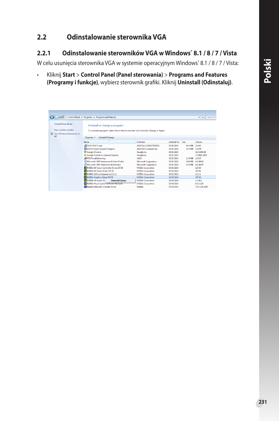 2 odinstalowanie sterownika vga, Odinstalowanie sterownika vga, Polsk i | Asus Phoenix GeForce GT 1030 OC Edition Graphics Card User Manual | Page 231 / 322