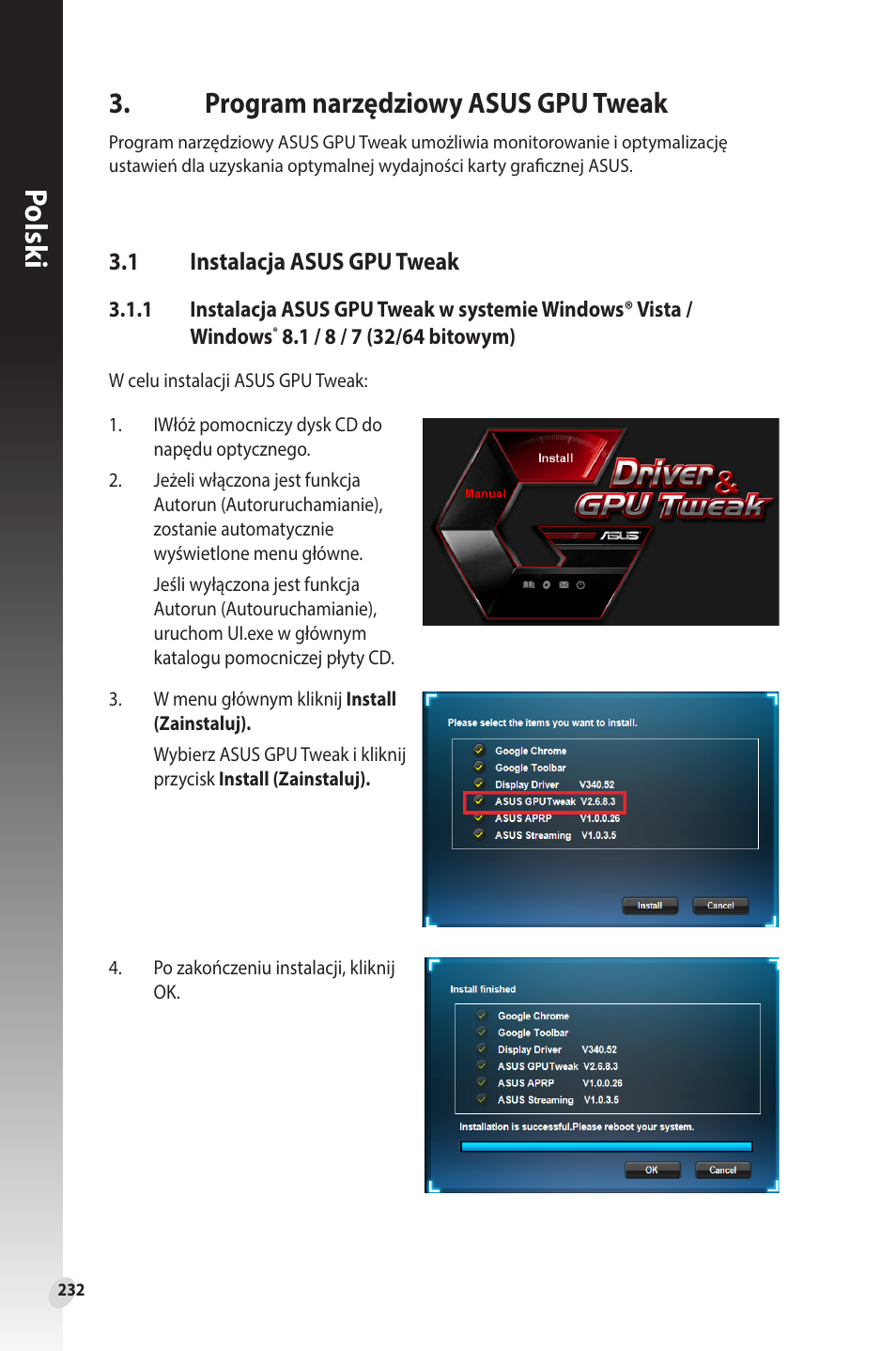 Program narzędziowy asus gpu tweak, 1 instalacja asus gpu tweak, Instalacja asus gpu tweak | Polsk i | Asus Phoenix GeForce GT 1030 OC Edition Graphics Card User Manual | Page 232 / 322