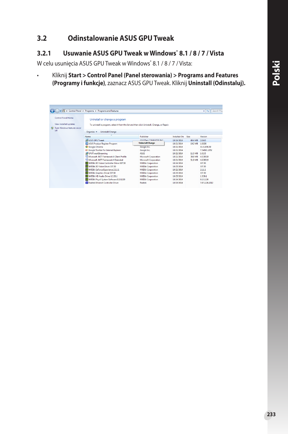 2 odinstalowanie asus gpu tweak, Odinstalowanie asus gpu tweak, Polsk i | Asus Phoenix GeForce GT 1030 OC Edition Graphics Card User Manual | Page 233 / 322