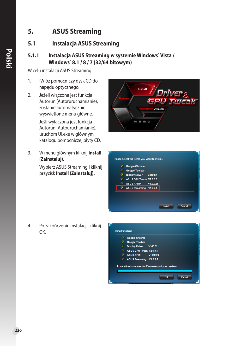 Asus streaming, 1 instalacja asus streaming, Instalacja asus streaming | Polsk i | Asus Phoenix GeForce GT 1030 OC Edition Graphics Card User Manual | Page 236 / 322