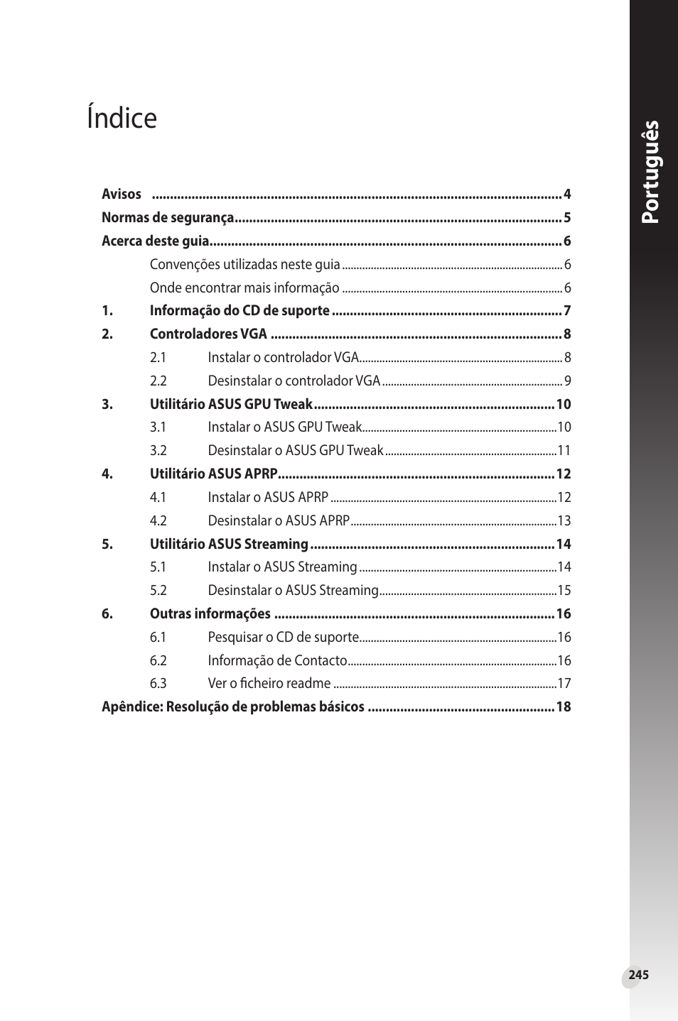 Índice, Por tuguês | Asus Phoenix GeForce GT 1030 OC Edition Graphics Card User Manual | Page 245 / 322