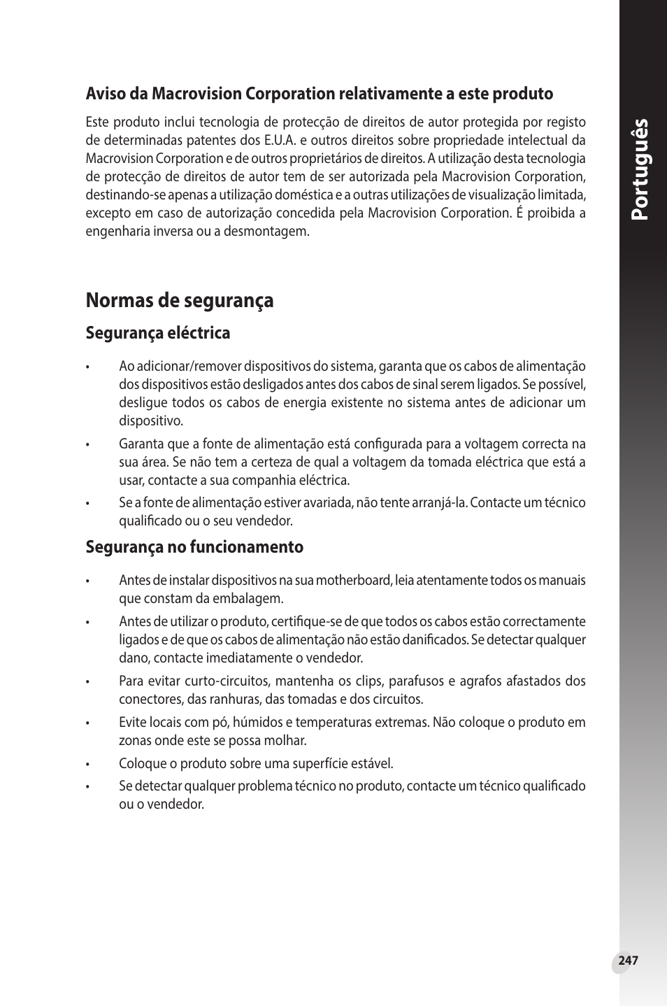 Normas de segurança, Por tuguês, Segurança eléctrica | Segurança no funcionamento | Asus Phoenix GeForce GT 1030 OC Edition Graphics Card User Manual | Page 247 / 322