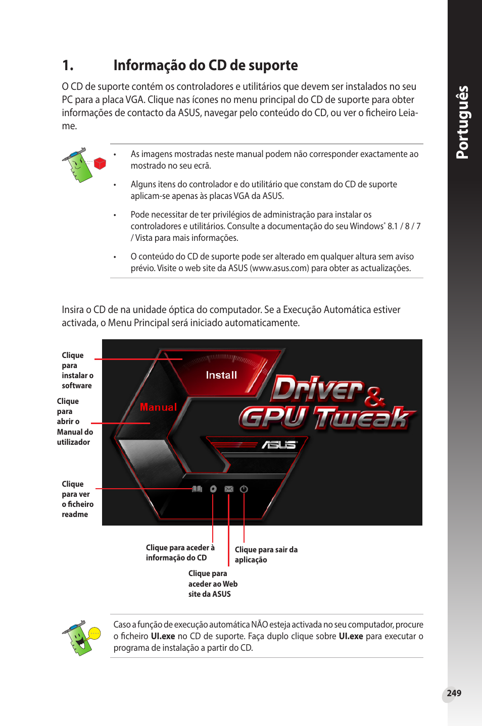 Informação do cd de suporte, Por tuguês | Asus Phoenix GeForce GT 1030 OC Edition Graphics Card User Manual | Page 249 / 322