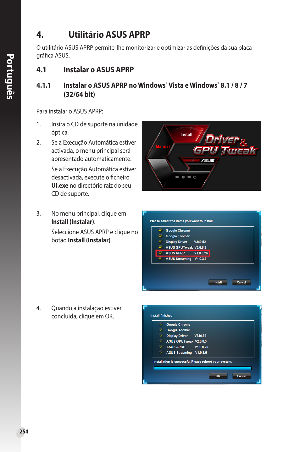 Utilitário asus aprp, 1 instalar o asus aprp, Instalar o asus aprp | Por tuguês | Asus Phoenix GeForce GT 1030 OC Edition Graphics Card User Manual | Page 254 / 322