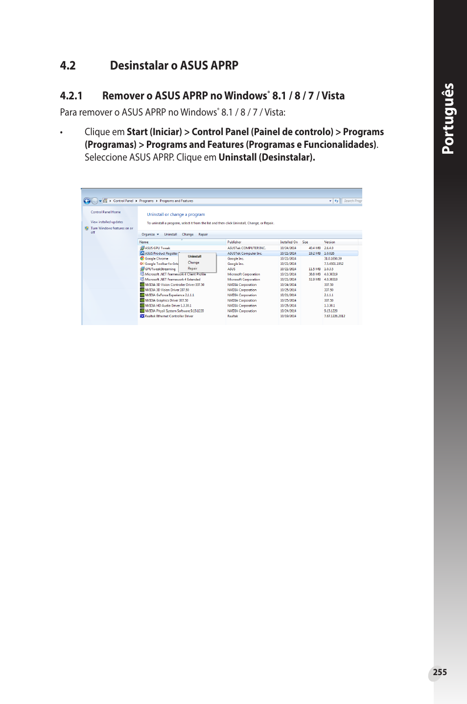 2 desinstalar o asus aprp, Desinstalar o asus aprp, Por tuguês | Asus Phoenix GeForce GT 1030 OC Edition Graphics Card User Manual | Page 255 / 322