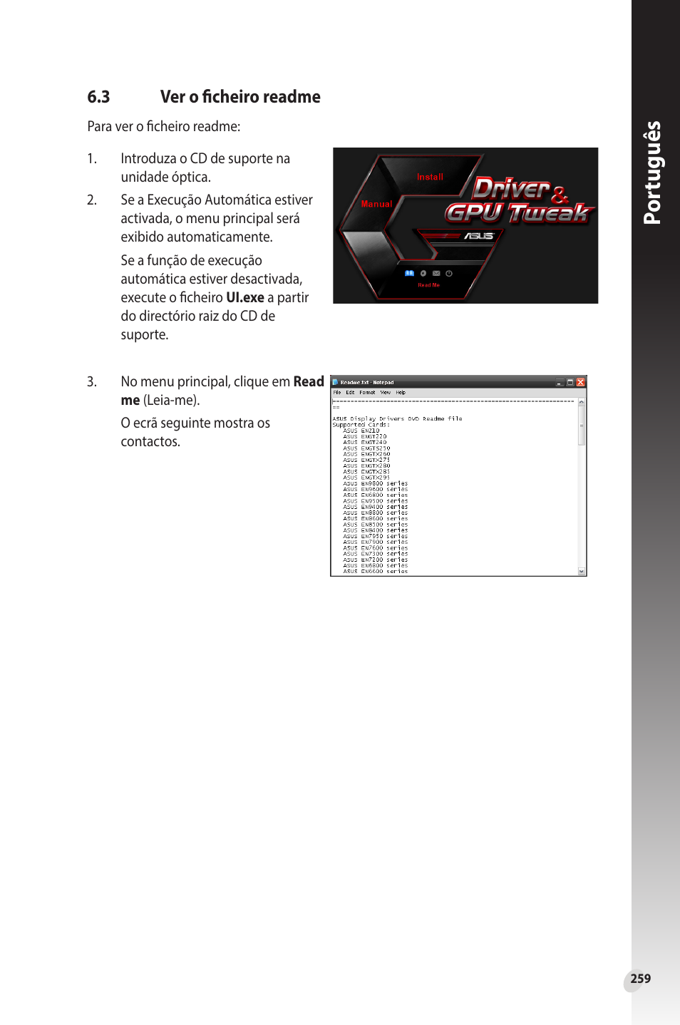 3 ver o ficheiro readme, Ver o ficheiro readme, Por tuguês | Asus Phoenix GeForce GT 1030 OC Edition Graphics Card User Manual | Page 259 / 322