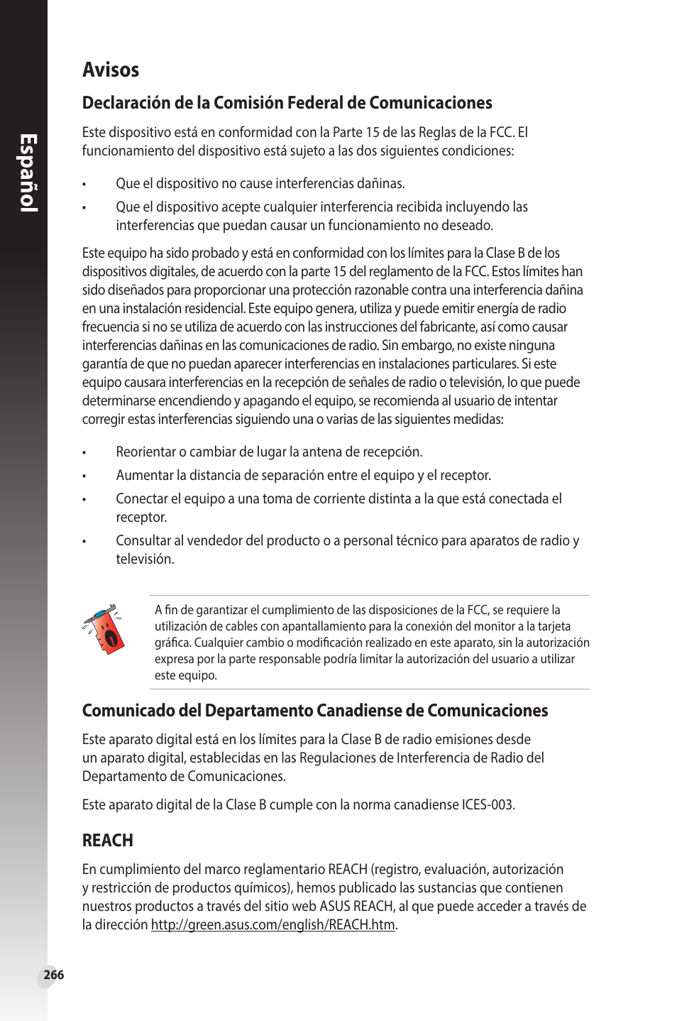 Avisos, Español, Reach | Asus Phoenix GeForce GT 1030 OC Edition Graphics Card User Manual | Page 266 / 322