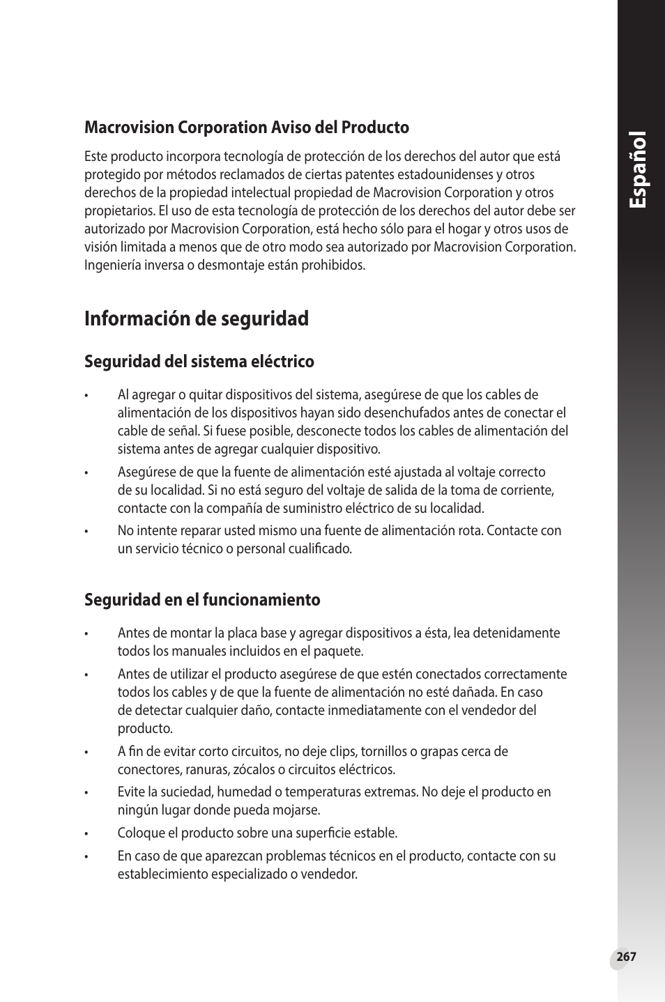 Información de seguridad, Español, Seguridad del sistema eléctrico | Seguridad en el funcionamiento, Macrovision corporation aviso del producto | Asus Phoenix GeForce GT 1030 OC Edition Graphics Card User Manual | Page 267 / 322