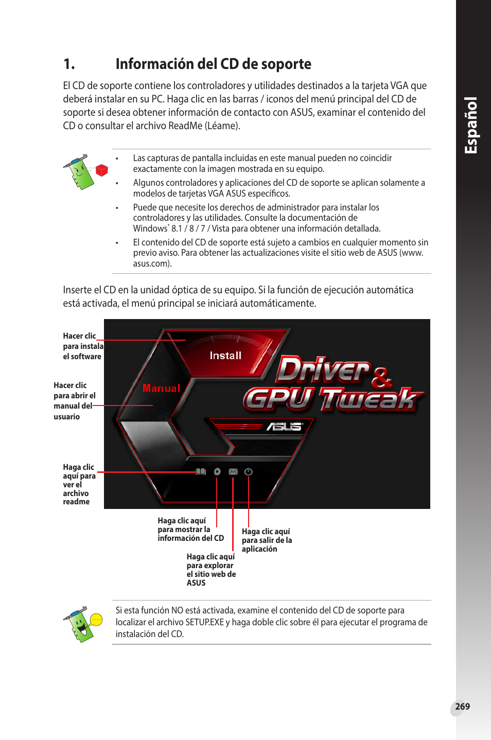 Información del cd de soporte, Español | Asus Phoenix GeForce GT 1030 OC Edition Graphics Card User Manual | Page 269 / 322