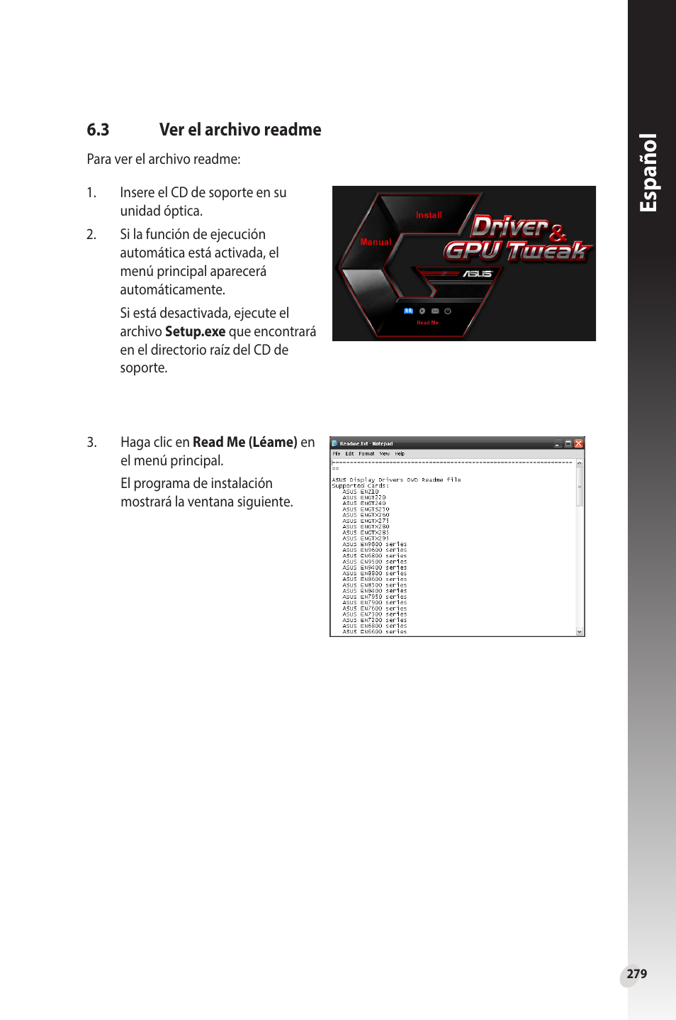 3 ver el archivo readme, Ver el archivo readme, Español | Asus Phoenix GeForce GT 1030 OC Edition Graphics Card User Manual | Page 279 / 322